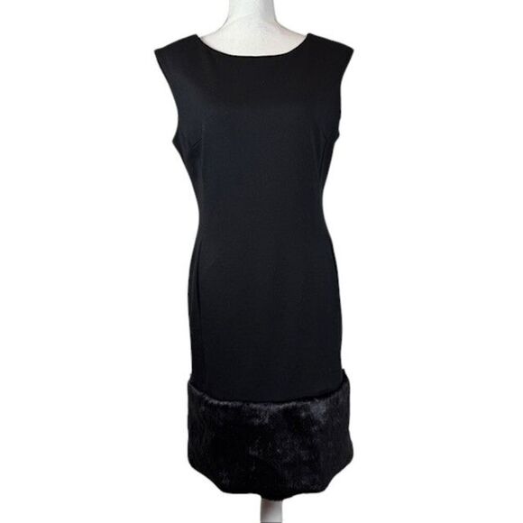 Adrienne Landau Sleeveless Sheath Dress Faux Fur Trim Hem Black Size Medium - Picture 1 of 14